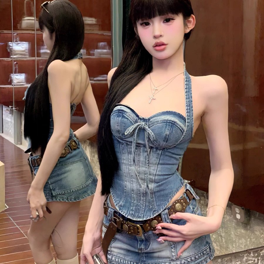 纯欲辣妹牛仔套装女夏季新款气质修身挂脖上衣包臀半身裙两件套