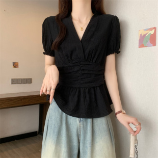 夏季 衬衫 女装 衬衣胖MM遮肉显瘦上衣 高级感泡泡袖 法式 大码 微胖短袖