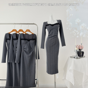 秋冬蕾丝拼接网纱针织连衣裙收腰显瘦名媛气质显身材长裙