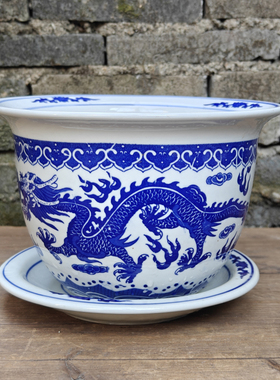 景德镇经典造型花盆花器 大小型号陶瓷种花盆 青花龙纹 特色
