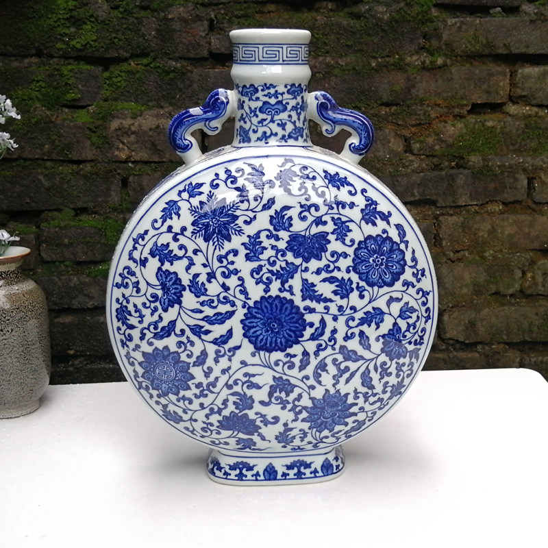 仿古官窑瓷瓶 纯手工花瓶 高档工艺品 青花缠枝莲双耳月光瓶