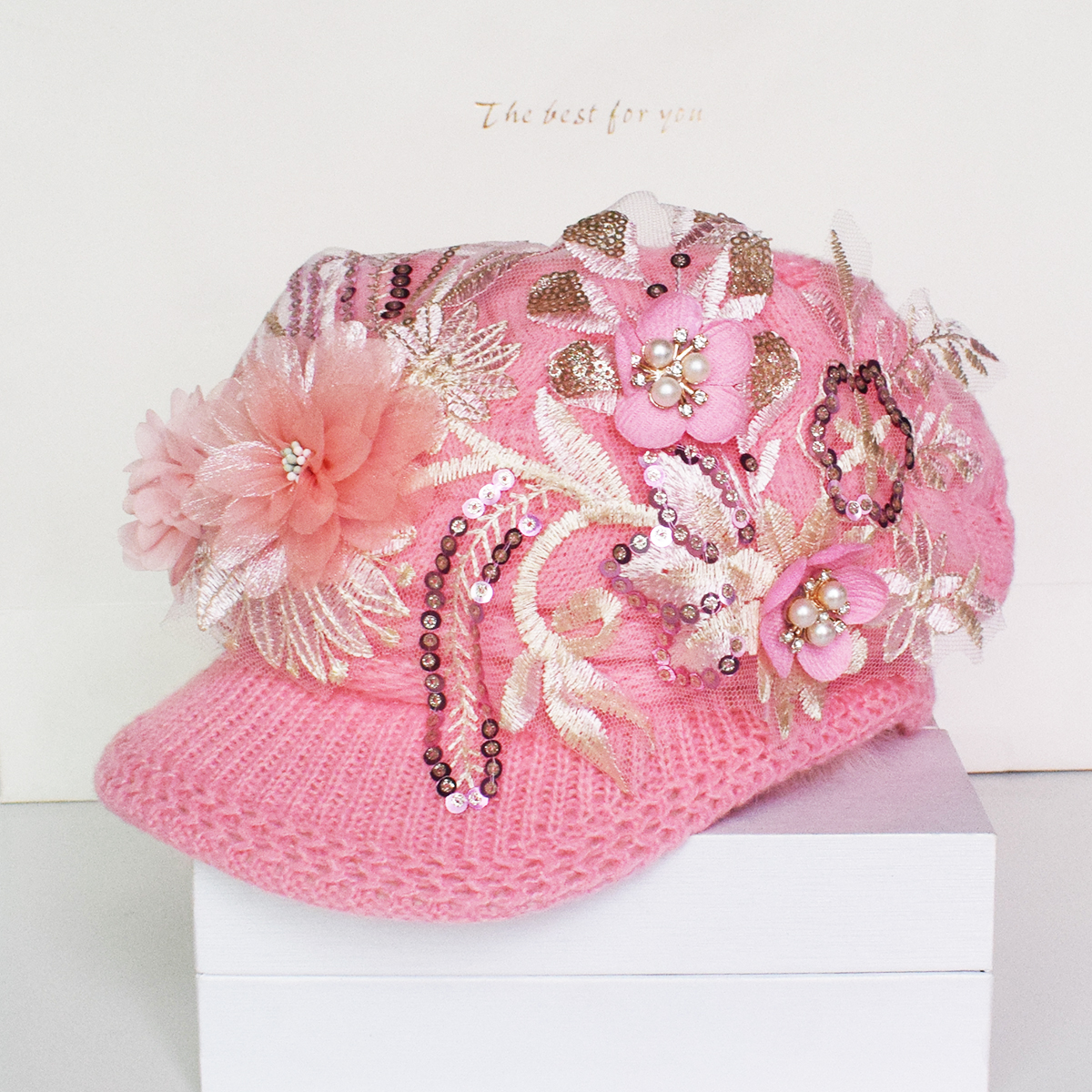 珍珠花朵针织女透气软顶鸭舌帽
