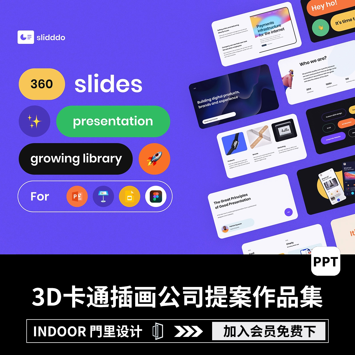 360页创意潮流卡通3D时尚插画提案课件作品集公司简介ppt演示模板