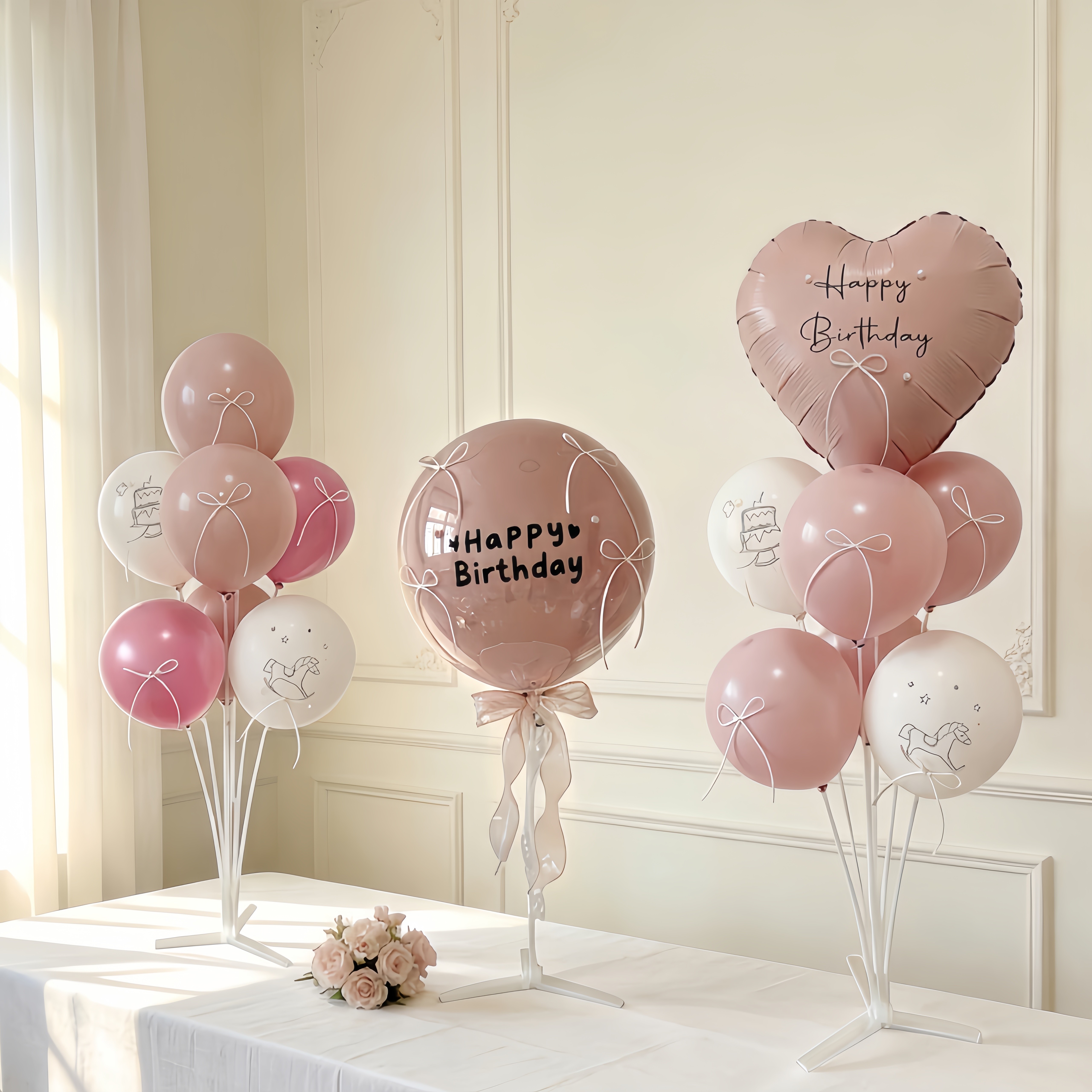 ins粉色波波球气球立柱桌地飘装饰女孩儿童周岁生日派对场景布置