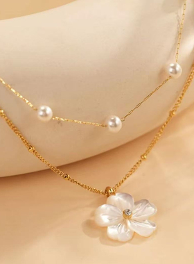 白色花朵项链气质双层珠珠时尚