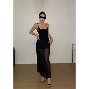 井也 辣妹性感网纱吊带A字连衣裙女春季新款高腰修身显瘦长款裙子