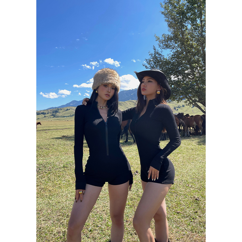 井也高腰拉链半高领连体衣女