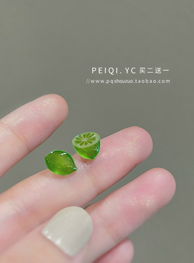 绿色柠檬耳钉S925纯银养耳洞女小众设计感学生耳夹无耳洞树脂耳环
