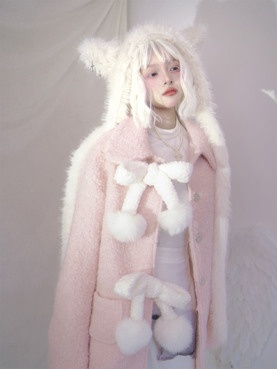 daytoday日常研究所天国降临可爱蝴蝶结毛绒球小樱桃毛呢大衣外套