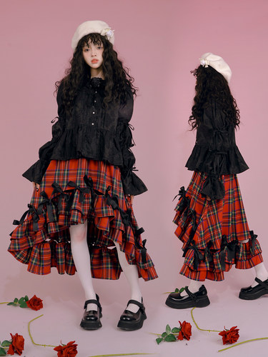 红格子粉色樱花提花蝴蝶结不规则