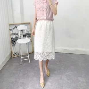 2025春夏新款 垂感松紧腰高a字半身裙白色蕾丝半身裙A裙 胖mm中长款