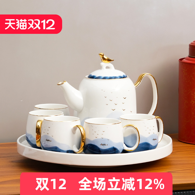 国潮水墨陶瓷茶壶杯具套装家用