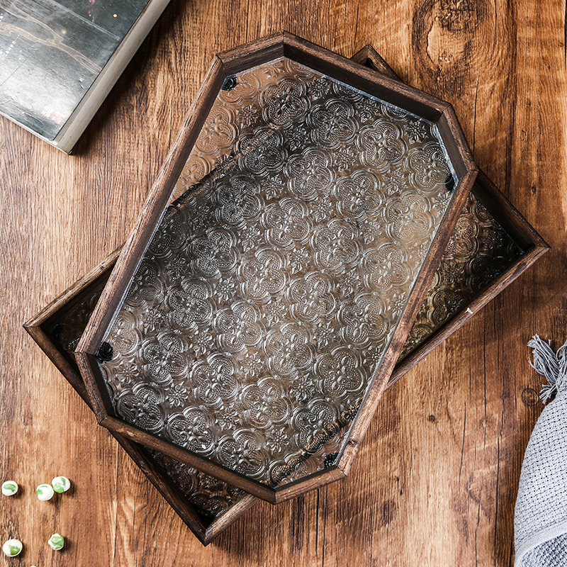 海棠花托盘家用玻璃茶盘木质甜品点心盘水杯子茶具托长方形干泡台
