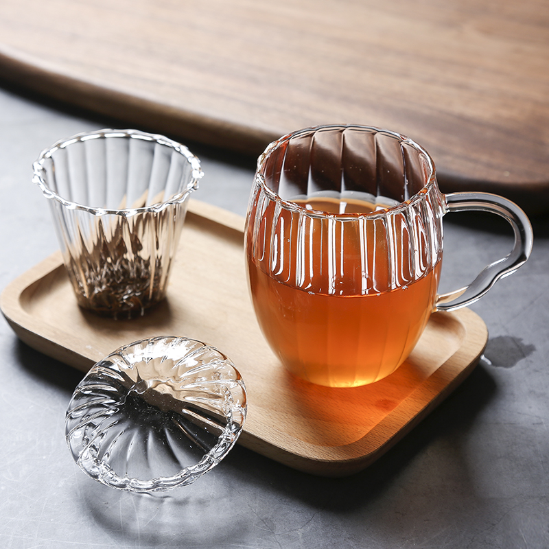 欧式条纹玻璃杯古典家用泡茶杯子复古带茶漏花茶杯手柄个人红茶杯