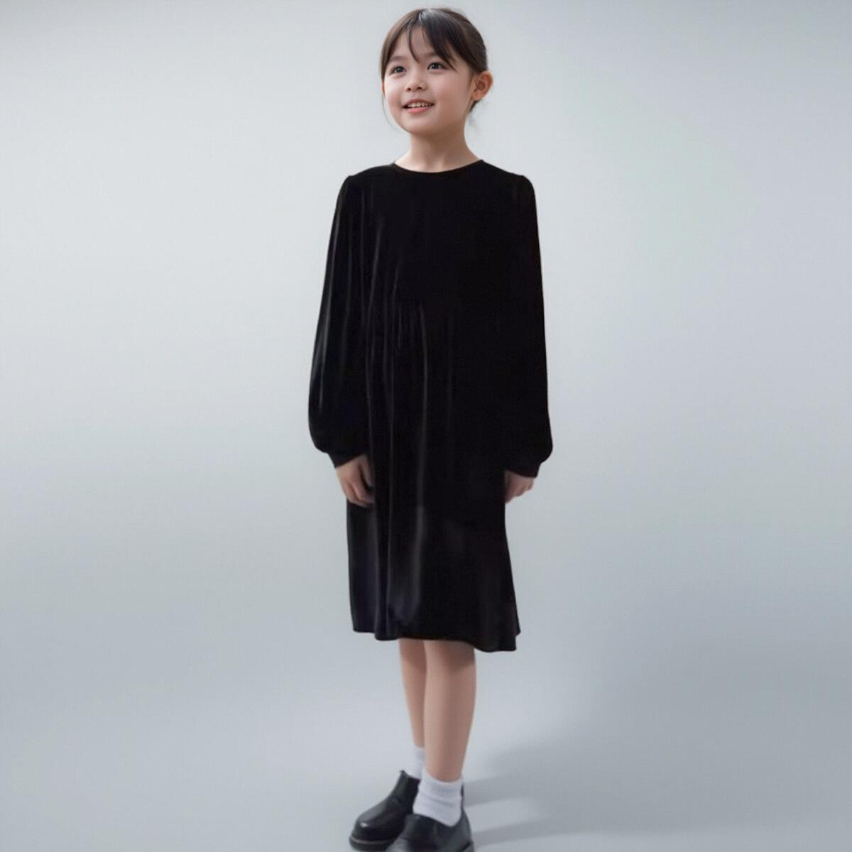 桑蚕丝小黑裙女童泡泡袖丝绒裙