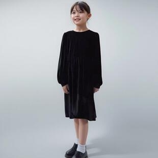亲子装儿童真丝绒连衣裙中大童百搭桑蚕丝小黑裙女童泡泡袖丝绒裙