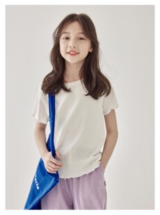 豆豆2025夏新款女童舒软木耳边纯白短袖T恤儿童甜美软糯弹力上衣