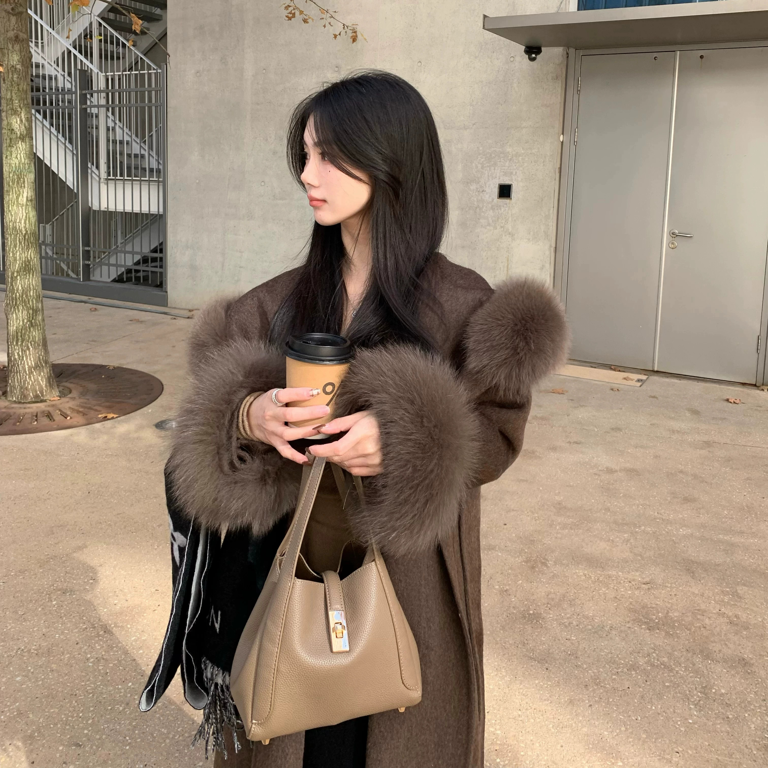 专柜正品Saturccica咖色高端双面羊绒大衣女狐狸毛领气质毛呢外套