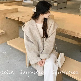 Saturccica韩系白色贵夫人双面羊绒毛斗篷大衣女短款毛呢外套
