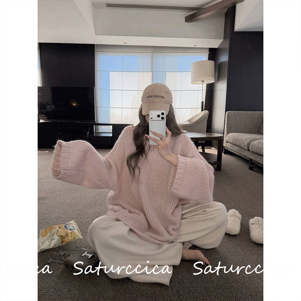 官网正品粉色卷边领宽松毛衣