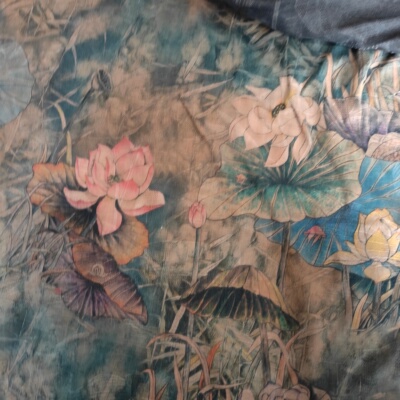 香云纱荷花图案 绢纺真丝宽幅130桑蚕丝过泥提花绢丝重磅40姆米布