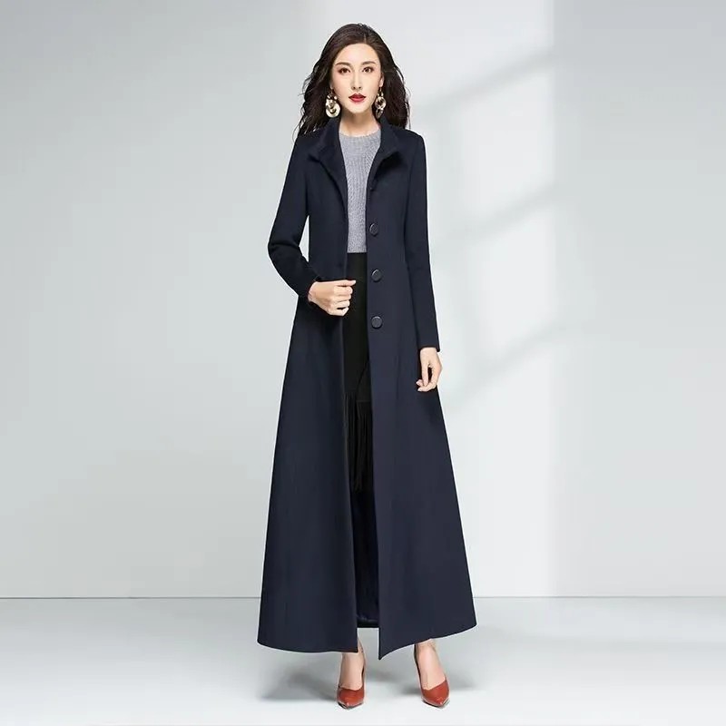 2024新款冬季女装毛呢大衣长款过膝修身加厚复古立领时尚呢子外套