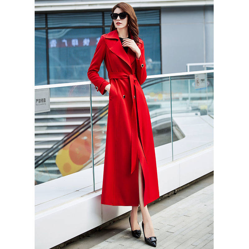 风衣女2022春季羊毛气质时尚修身红色长款到脚踝大衣超长外套包邮