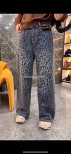 长裤 欧洲站2025秋冬新款 加绒直筒阔腿裤 豹纹印花植绒牛仔裤 子 时尚