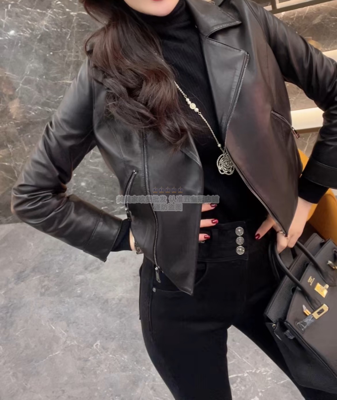 欧洲站2025秋冬新款时尚翻领长袖皮衣外套设计感小众休闲夹克上衣