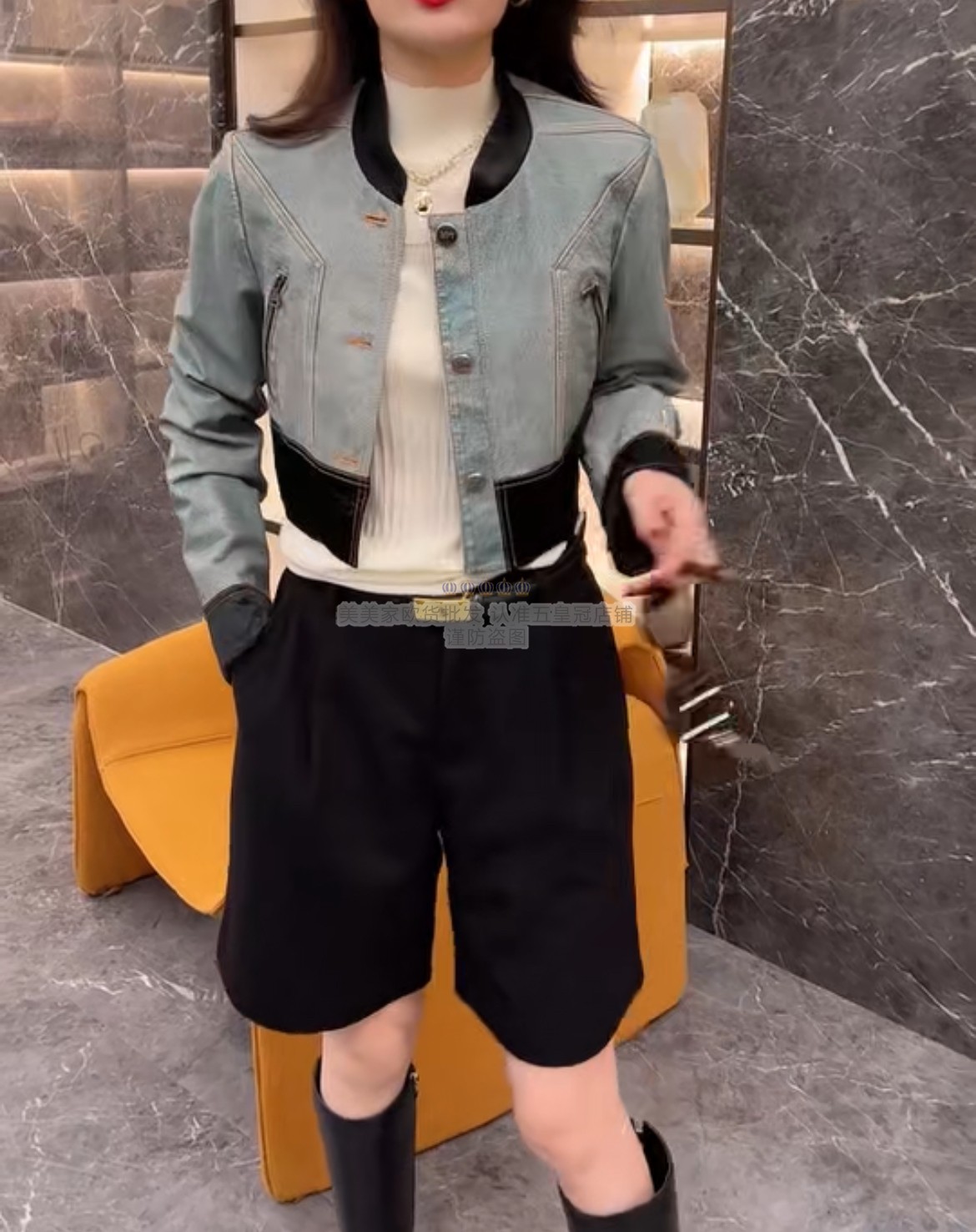 欧货2025秋装新款时尚撞色拼接仿牛仔皮衣小个子穿搭上衣超短外套