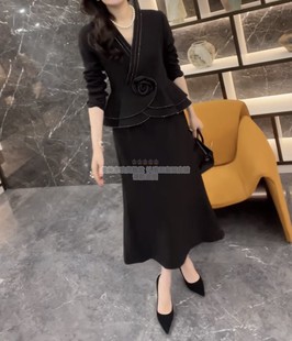 V领上衣半身裙两件套高级感套装 欧洲站2025冬季 立体花朵 时尚 新款