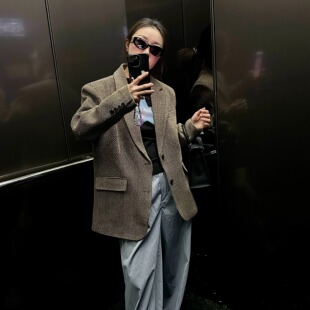 蒋哇塞 复古老钱风格子西装外套女英伦高级感亚麻宽松西服