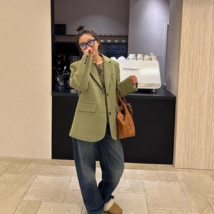 宽松高级感小个子加厚西服 外套女短款 蒋哇塞 老钱风绿色毛呢西装
