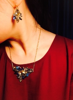 欧美复古蓝色大宝石毛衣链吊坠