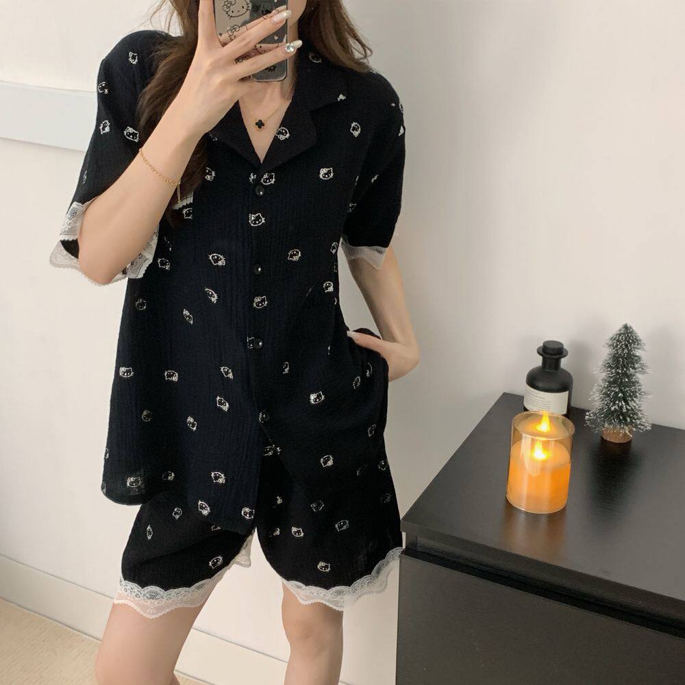 2026黑色蕾丝花边可爱性感夏季纯棉睡衣女款短袖薄款家居服夏天