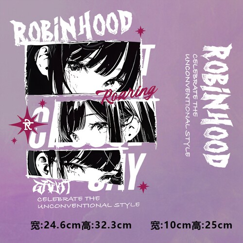 潮牌ROBINHOOD漫画女图案烫画贴时尚印花衣服热转印白墨贴纸