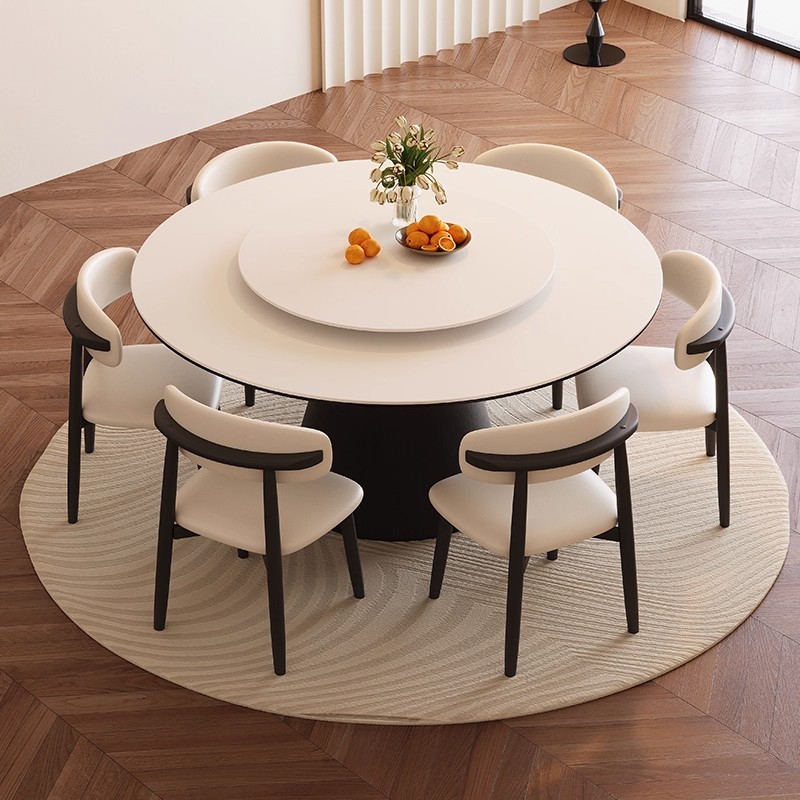 奶油风岩板餐桌家用带转盘圆桌北欧中古小户型复古风实木圆形饭桌