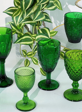 祖母绿！hen清透森系外贸出口精致原色雕花龟背菱形礼盒水杯餐具