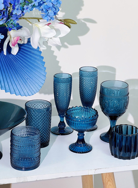 宝蓝色系列家庭宴会橱窗摆件礼物外贸尾货大容量水杯高脚杯甜品杯