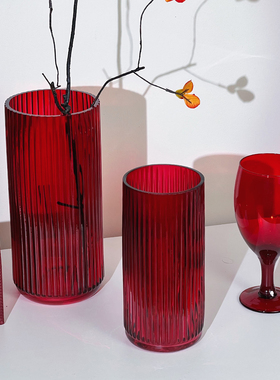 正红色！蛇年正红色！竖条直筒玻璃花瓶客厅简约鲜花干花花瓶包邮