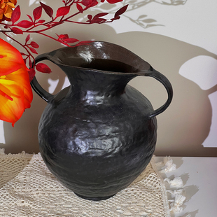 景德镇黑陶复古诧寂风纯黑色手工纹理禅意陶瓷双耳花瓶茶桌玄关