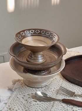日式侘寂风高脚陶瓷托盘景德镇粗套果盘甜品高脚盘高级中式馃子盘