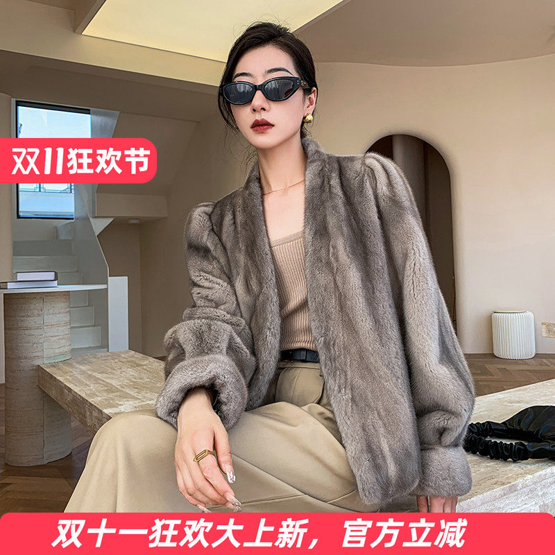 水貂皮大衣女短款整貂皮草外套貂毛2026冬新款时尚V领公主肩