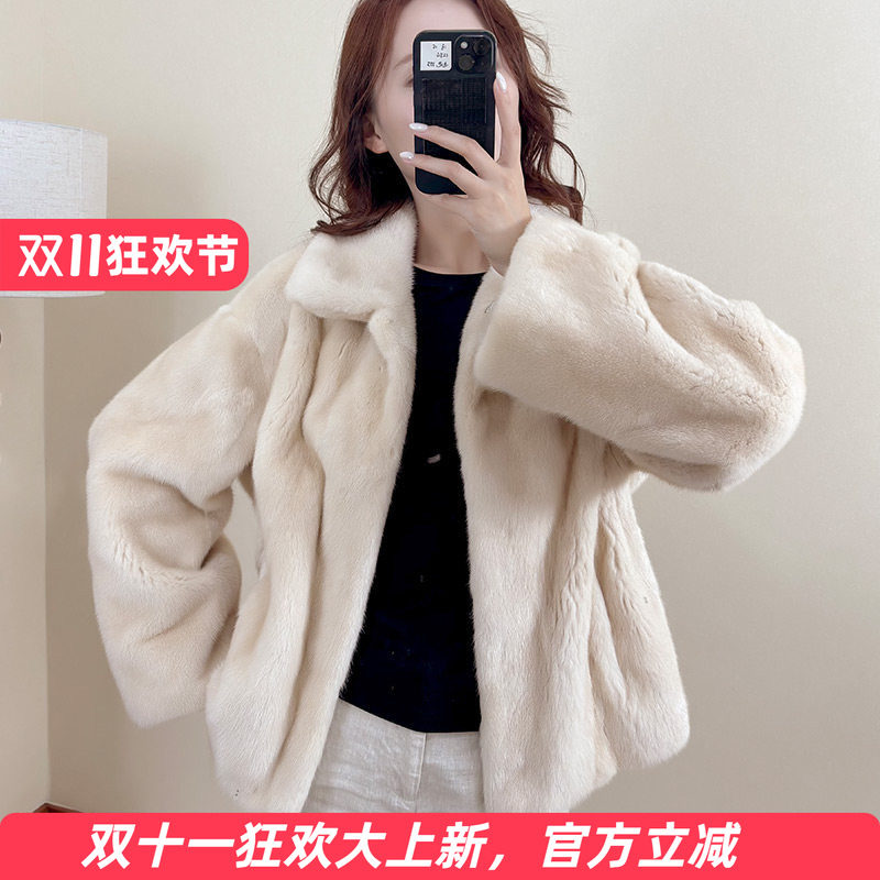 水貂皮整貂毛皮草外套女落肩短款母貂毛冬季海宁裘皮年轻大衣1011