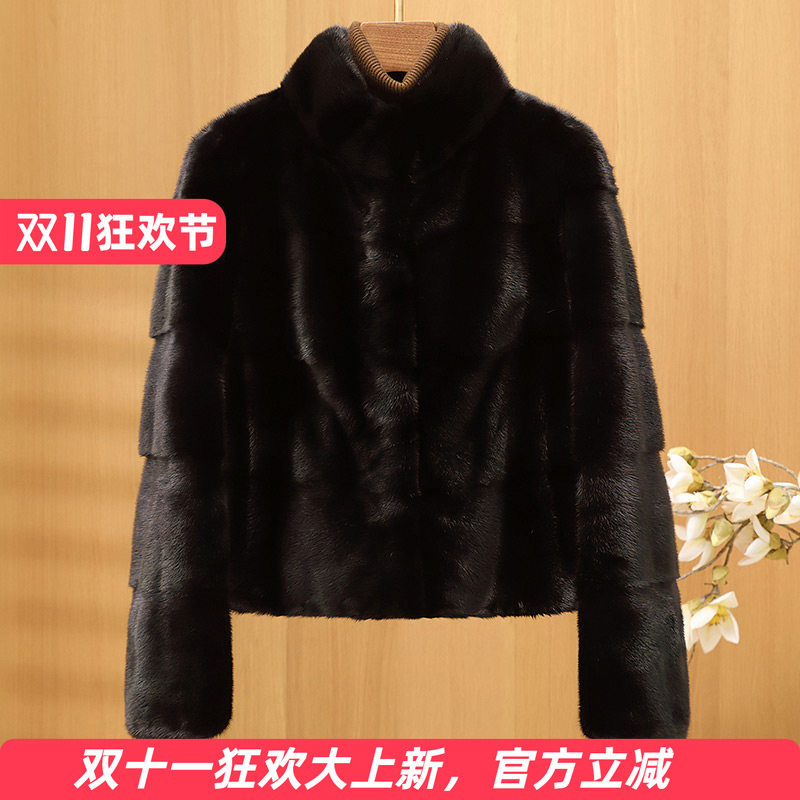 水貂皮大衣女短款立领横排款2026冬季新款海宁整貂毛皮草外套显瘦