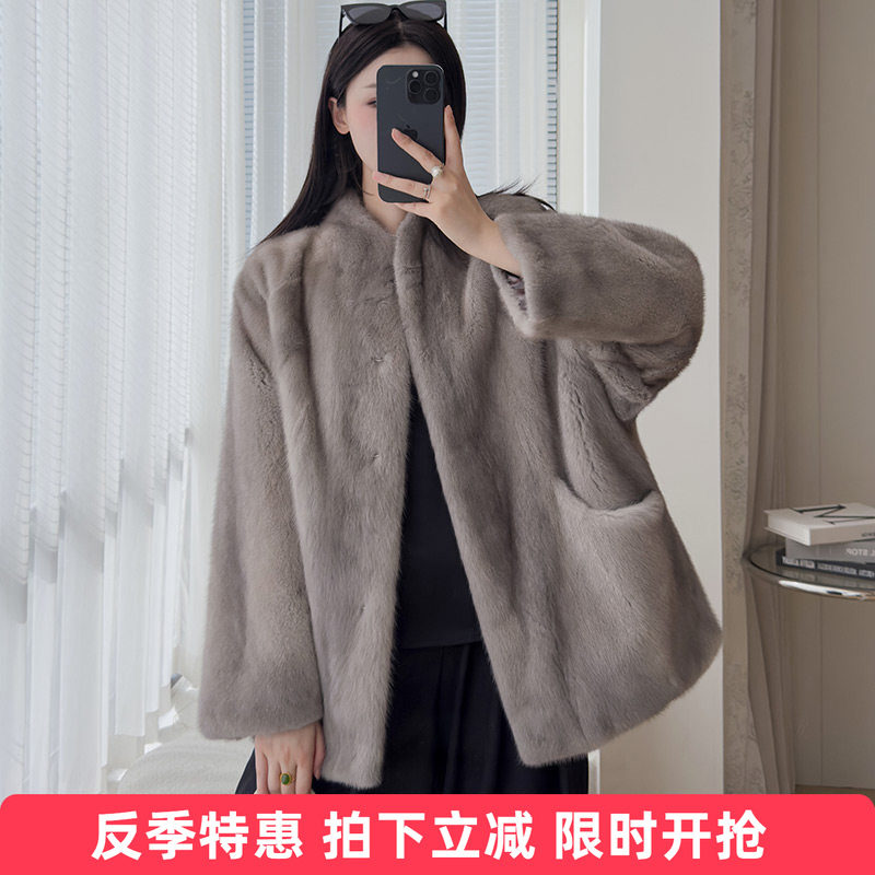 银蓝水貂毛皮草女士立领进口整貂大衣冬季纯色中长款简约皮毛外套