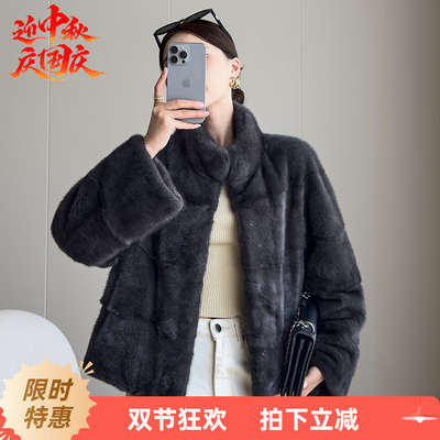 水貂皮大衣女短款立领简约横排整貂毛皮草2025小母貂裘皮外套新款