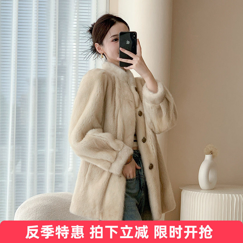 水貂皮大衣女进口整貂中长款貂皮皮草外套2025冬新时尚立领铜扣