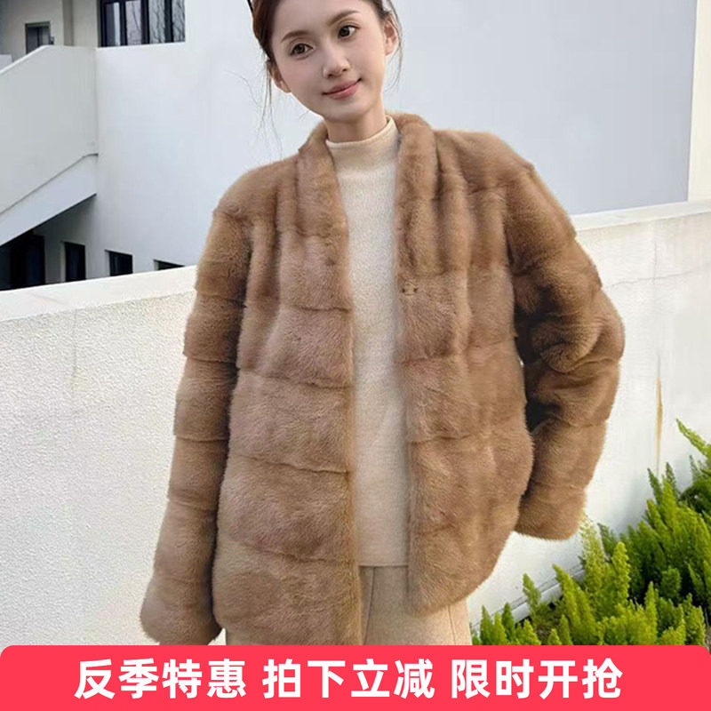 貂皮大衣女整貂皮草外套时尚横排V领短款2025冬季新款海宁裘皮