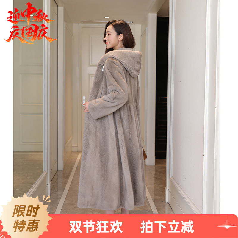 水貂皮大衣女士整貂皮草外套中长款2025冬季时尚韩版带连帽新款